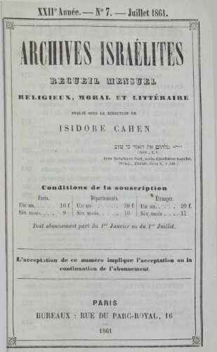 Archives israélites de France. Vol.22 N°07 (juillet 1861)